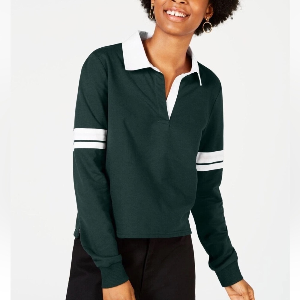 🌻NEW w/tag Crave Fame Green Collared Pullover Top White Trim Long Sleeve XS